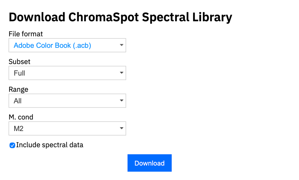 The Download dialog: file format, subset, range, measurement condition, include spectral data
